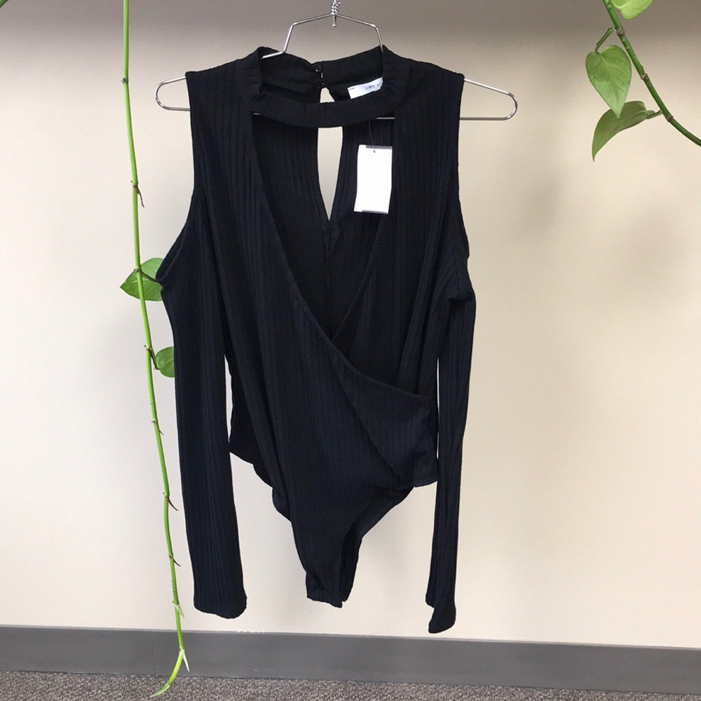 Lush Cold Shoulder V Neck Ribbed Bodysuit Large